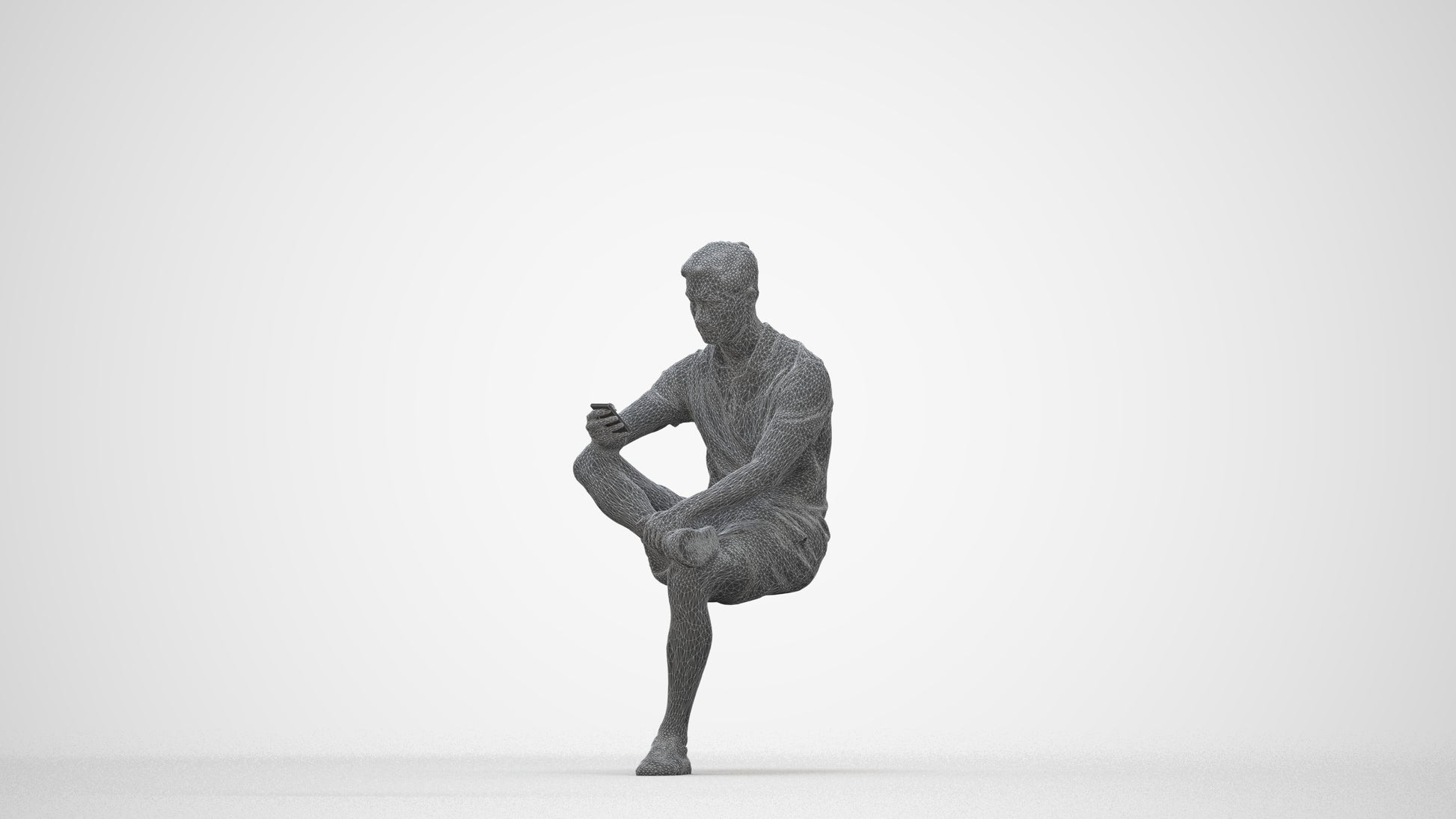 photogrammetry 3D man casual sitting, realistic human model archviz FBX, wireframe back view