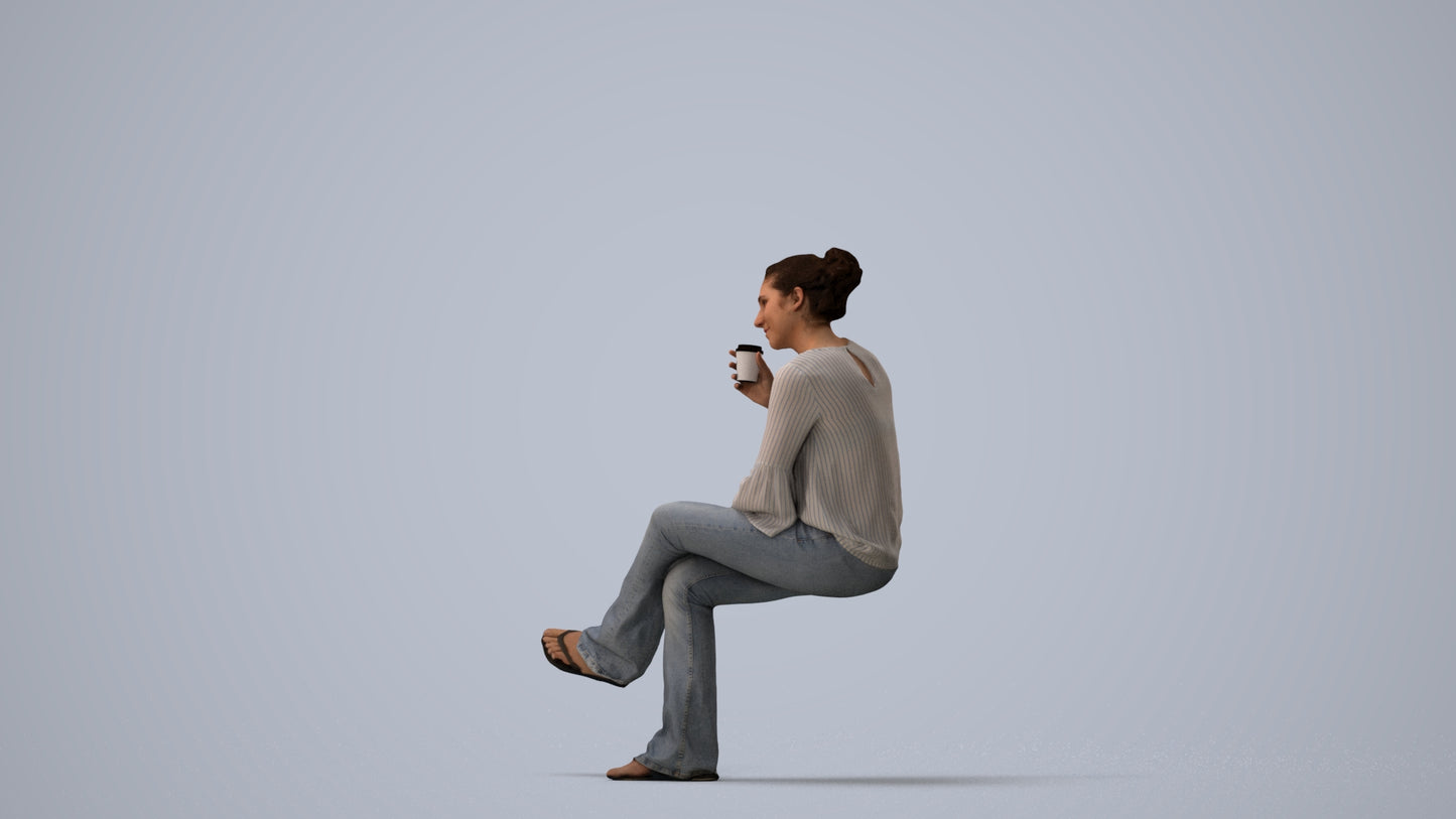 realistic 3D woman casual sitting, scanned archviz people for Blender and 3ds Max, three-quarter view render