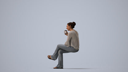 realistic 3D woman casual sitting, scanned archviz people for Blender and 3ds Max, three-quarter view render