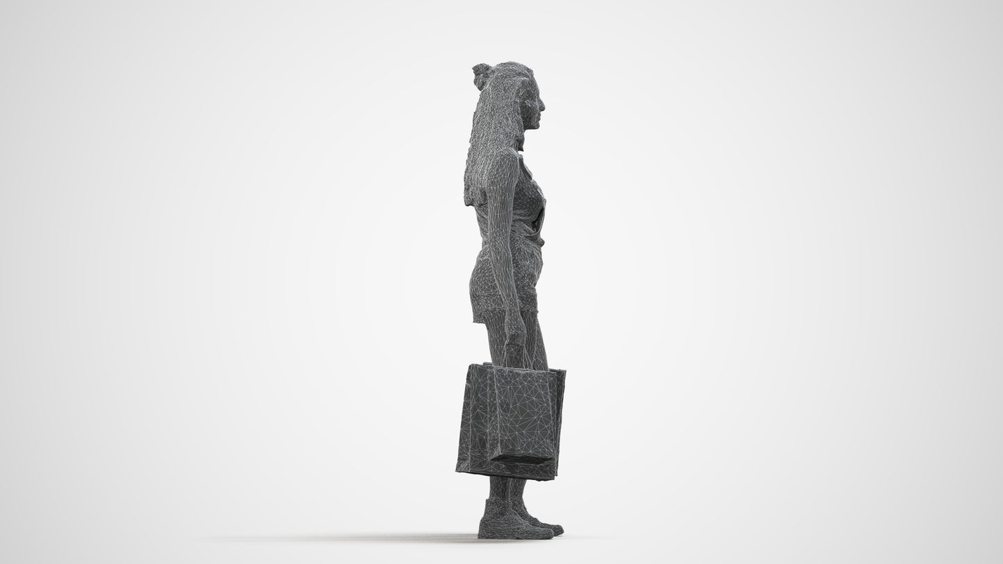 photogrammetry 3D woman casual shopping, realistic human model archviz FBX, wireframe side view