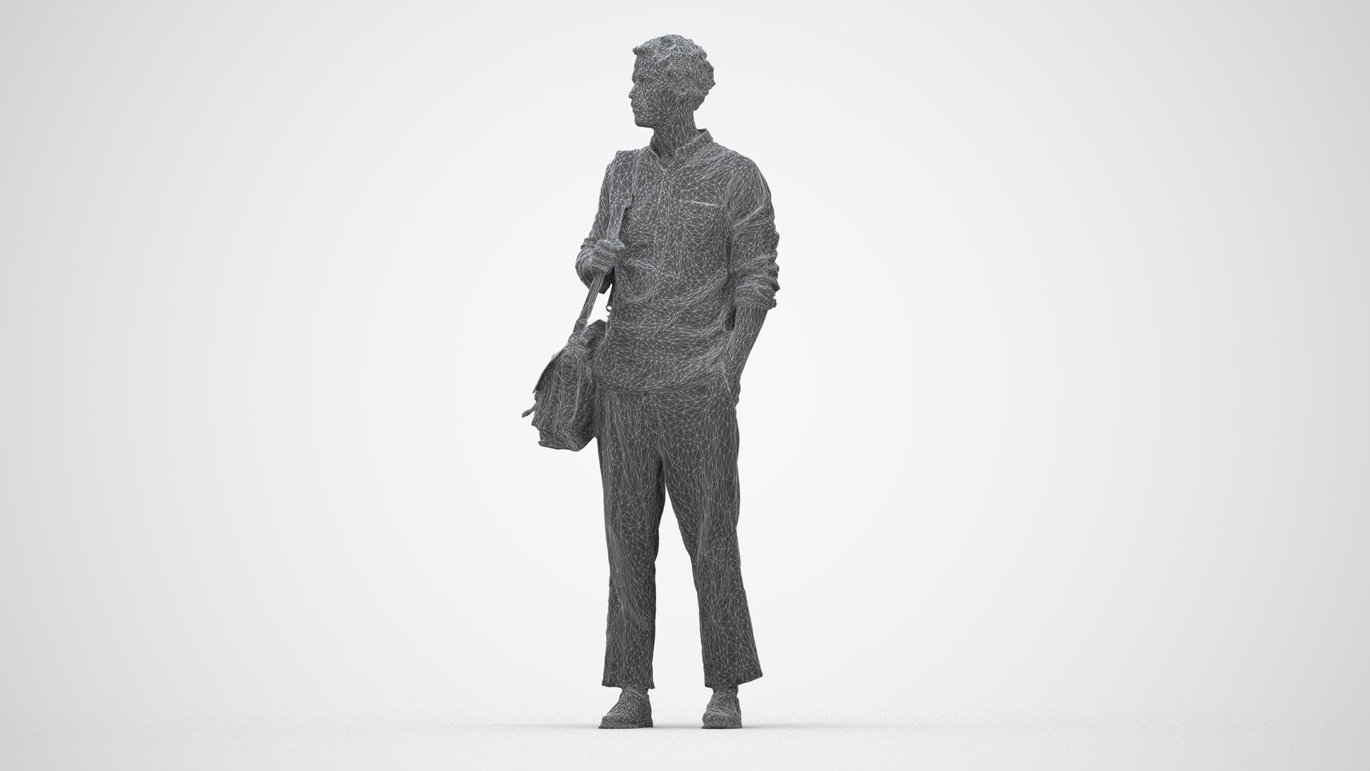 scanned 3D man casual standing, photogrammetry people for Enscape and V-Ray, wireframe back view