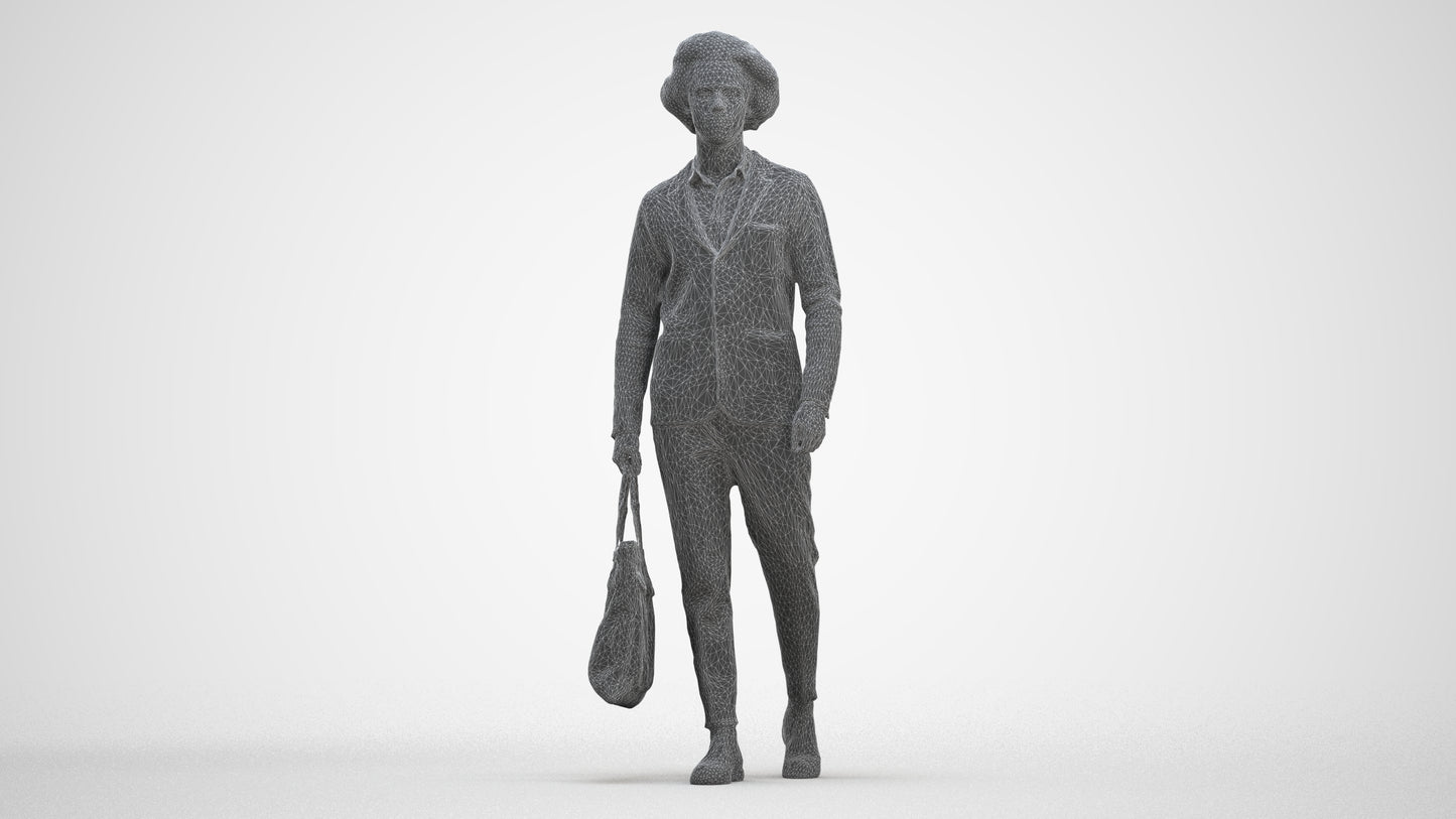 3D human model man business walking, photogrammetry scanned person for archviz, three-quarter front view render
