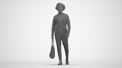 3D human model man business walking, photogrammetry scanned person for archviz, three-quarter front view render