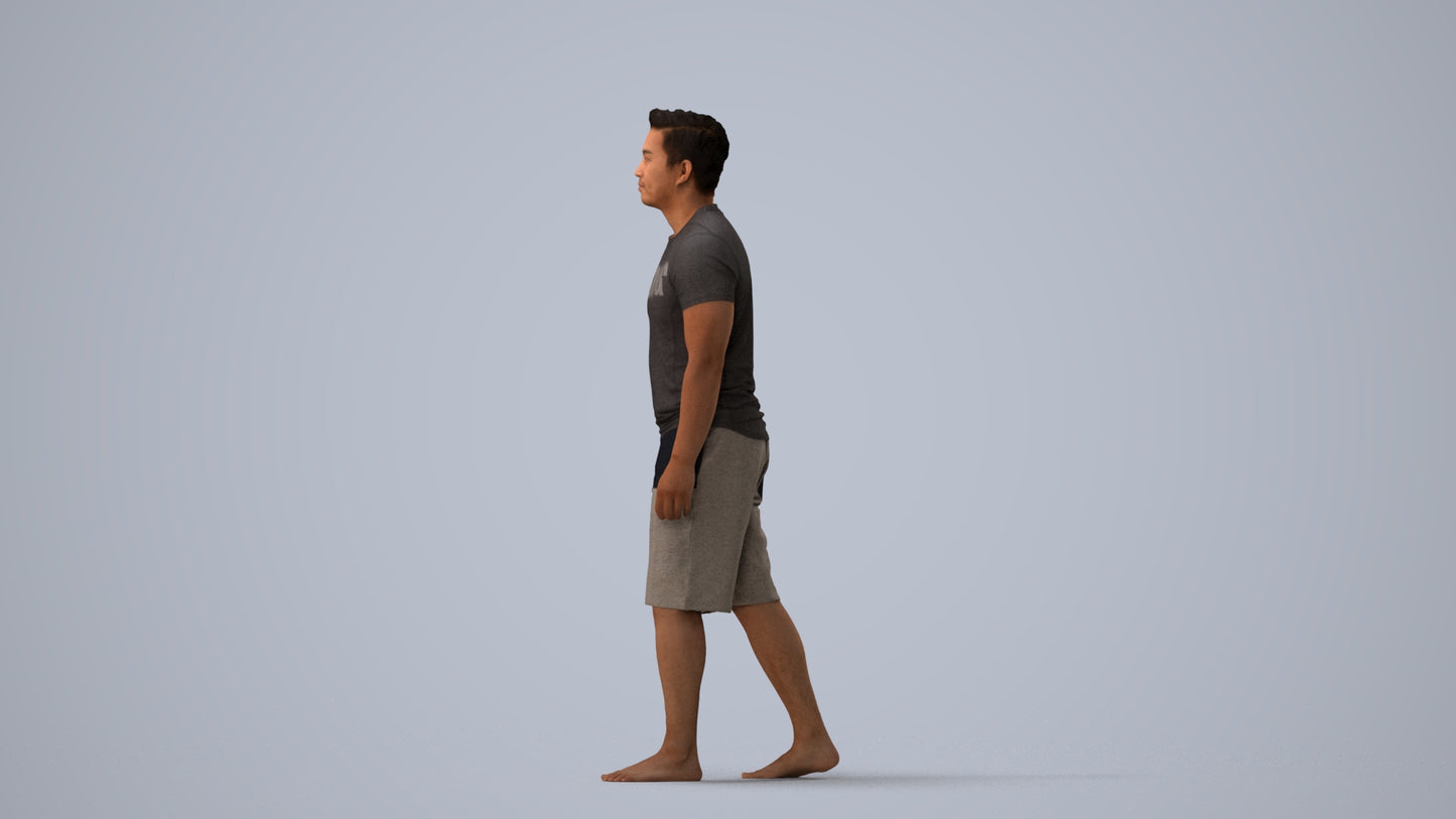 3D human model man sport walking, photogrammetry scanned person for archviz, three-quarter view render