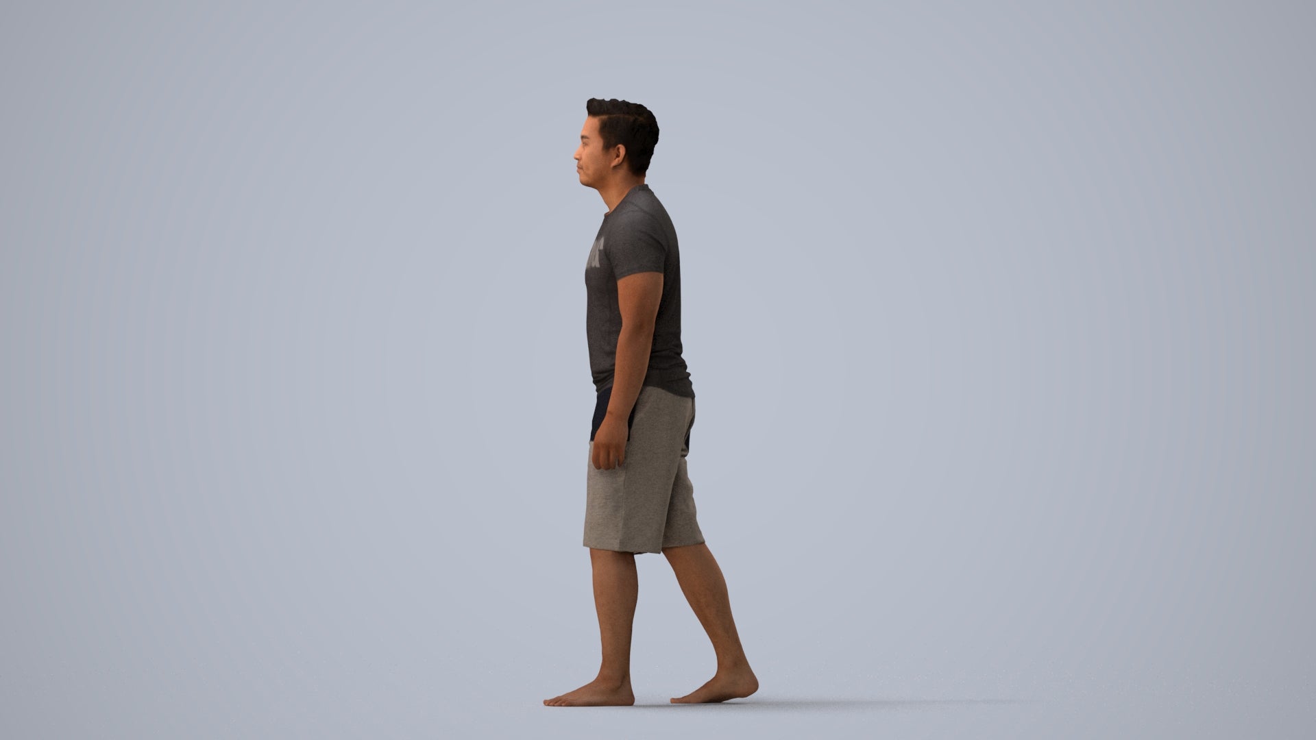 3D human model man sport walking, photogrammetry scanned person for archviz, three-quarter view render