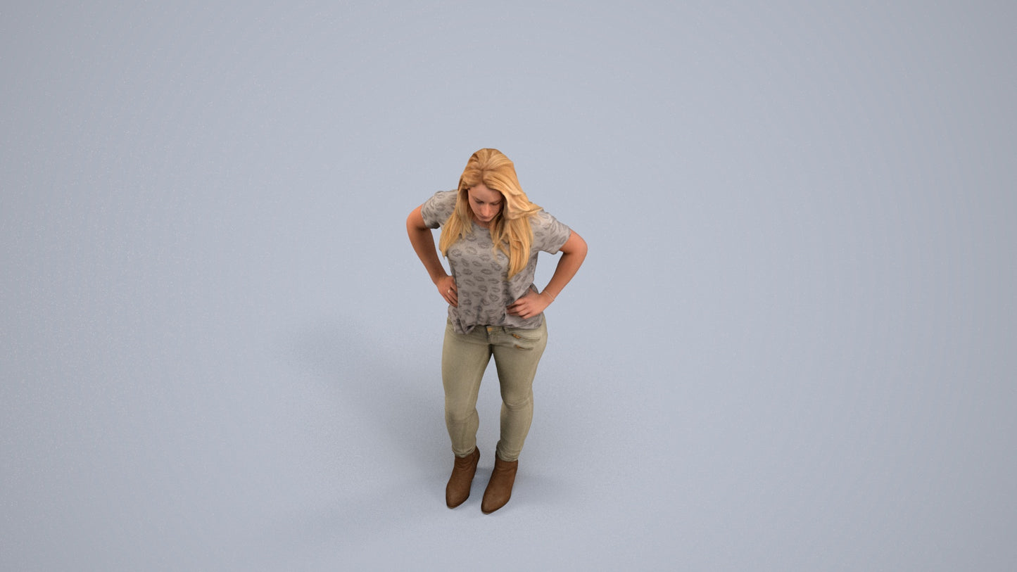 realistic 3D human woman casual standing, archviz people FBX OBJ for Blender, back view render