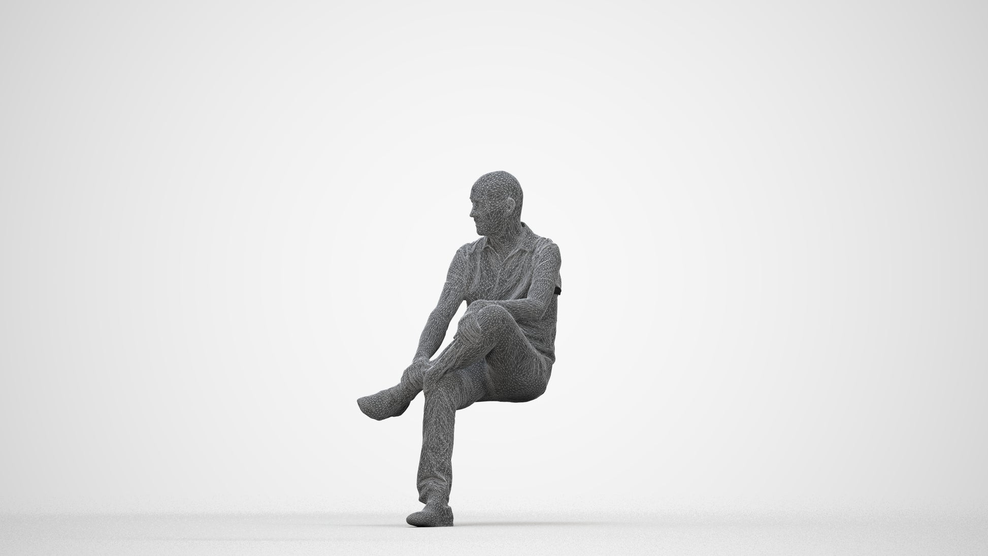 3D scanned senior man sitting casual, photorealistic archviz people for Enscape and SketchUp, wireframe back view