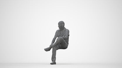 3D scanned senior man sitting casual, photorealistic archviz people for Enscape and SketchUp, wireframe back view