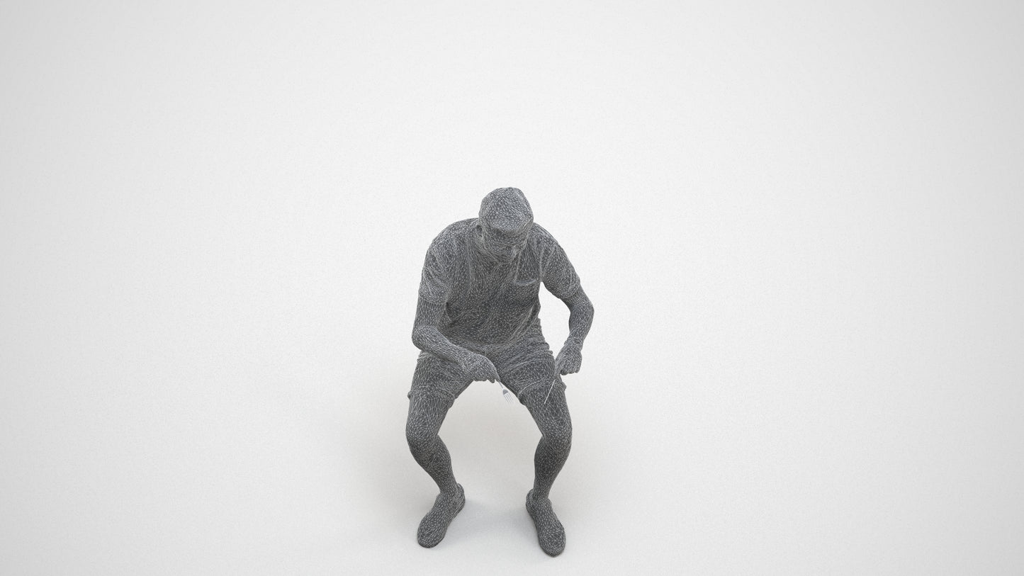 realistic 3D human man casual sitting, archviz people FBX OBJ for Blender, wireframe three-quarter view