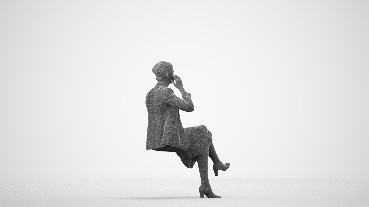 3D human model woman business sitting, photogrammetry scanned person for archviz, wireframe side view