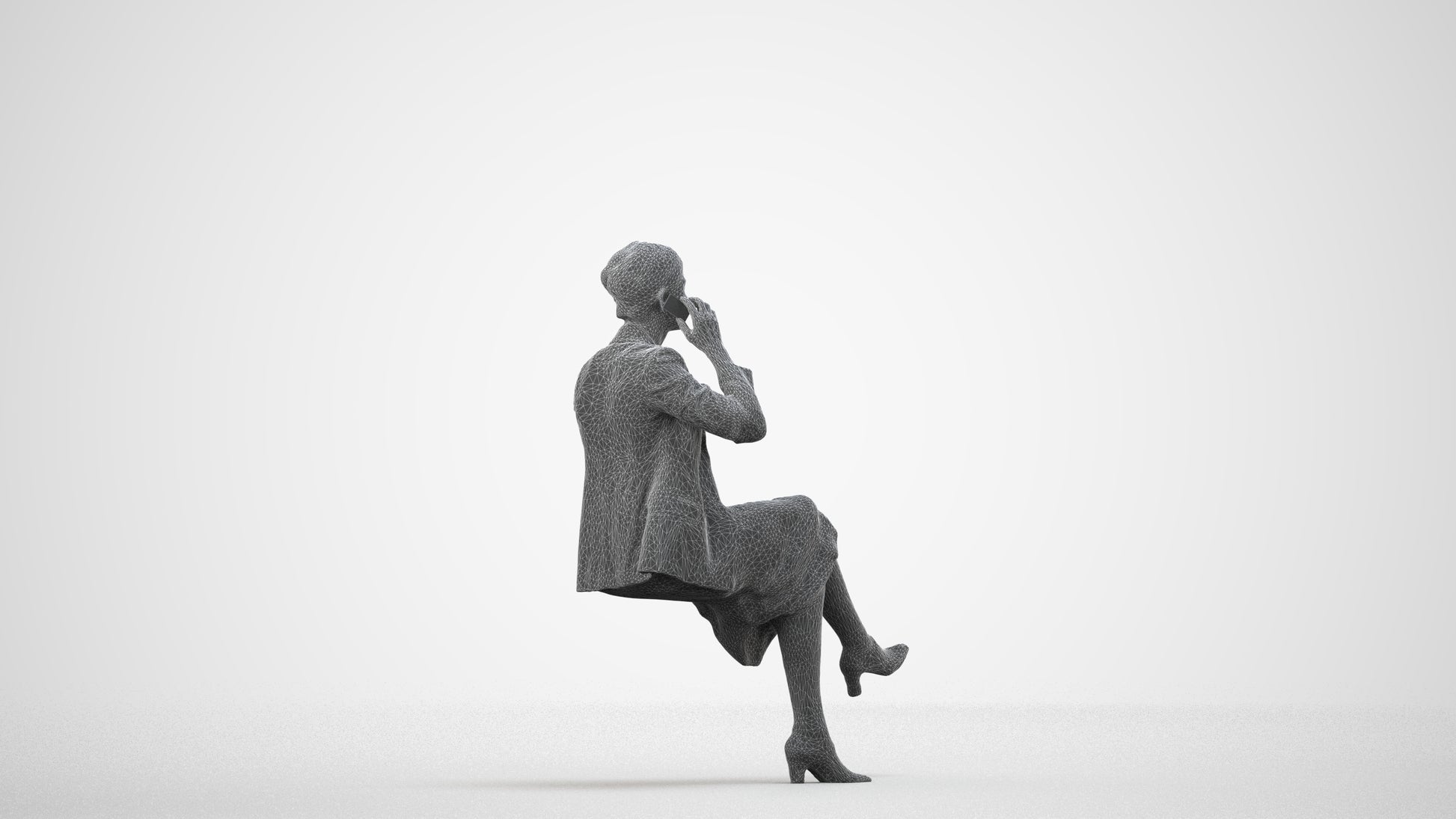 3D human model woman business sitting, photogrammetry scanned person for archviz, wireframe side view