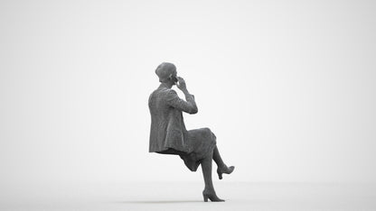 3D human model woman business sitting, photogrammetry scanned person for archviz, wireframe side view