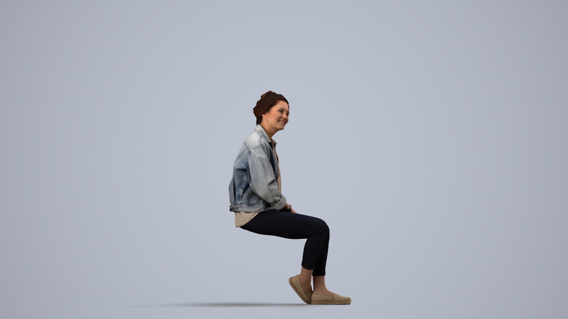 photogrammetry 3D woman casual sitting, realistic human model archviz FBX, side view render