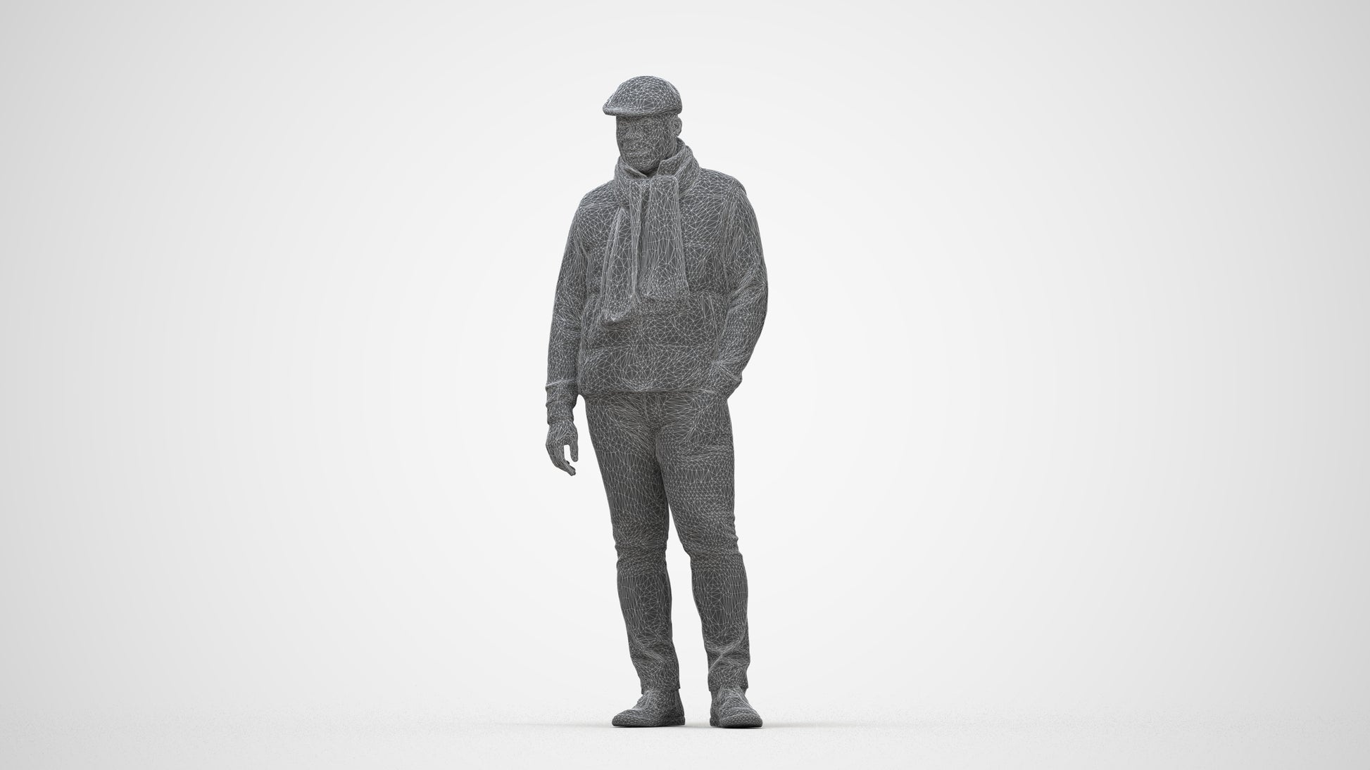 3D scanned man standing casual, photorealistic archviz people for Enscape and SketchUp, wireframe back view