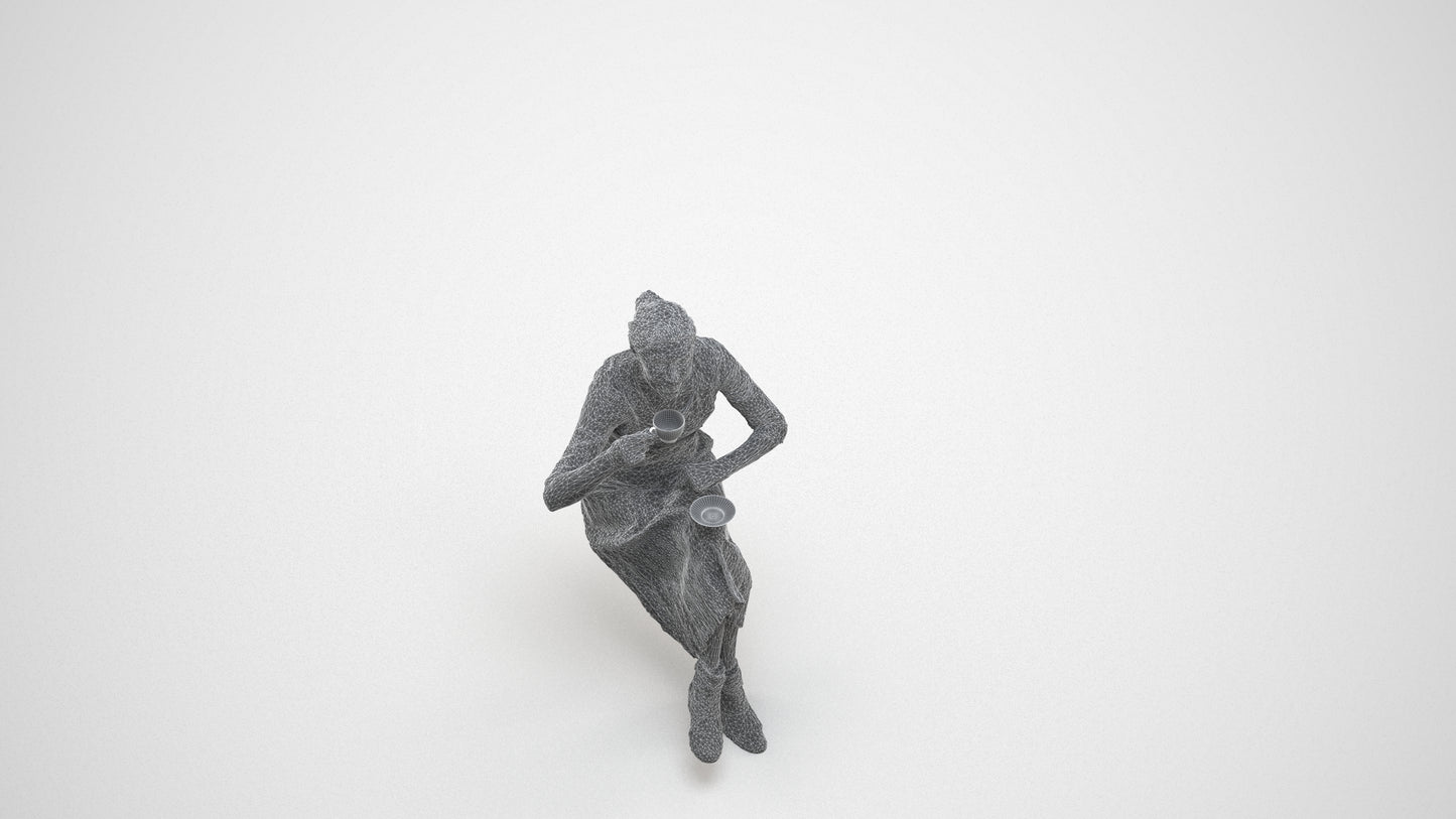realistic 3D people senior woman casual sitting, render-ready for V-Ray and Corona, FBX OBJ, wireframe three-quarter view