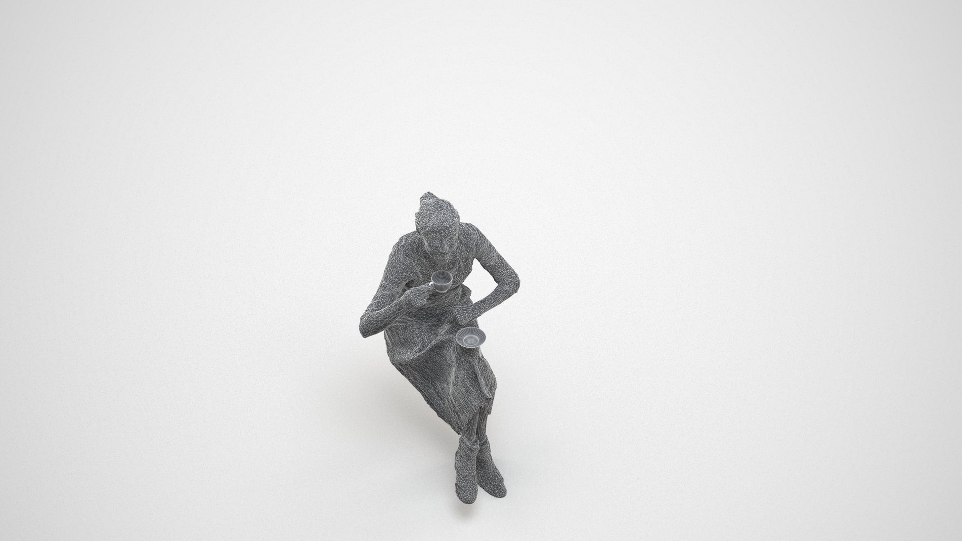 realistic 3D people senior woman casual sitting, render-ready for V-Ray and Corona, FBX OBJ, wireframe three-quarter view