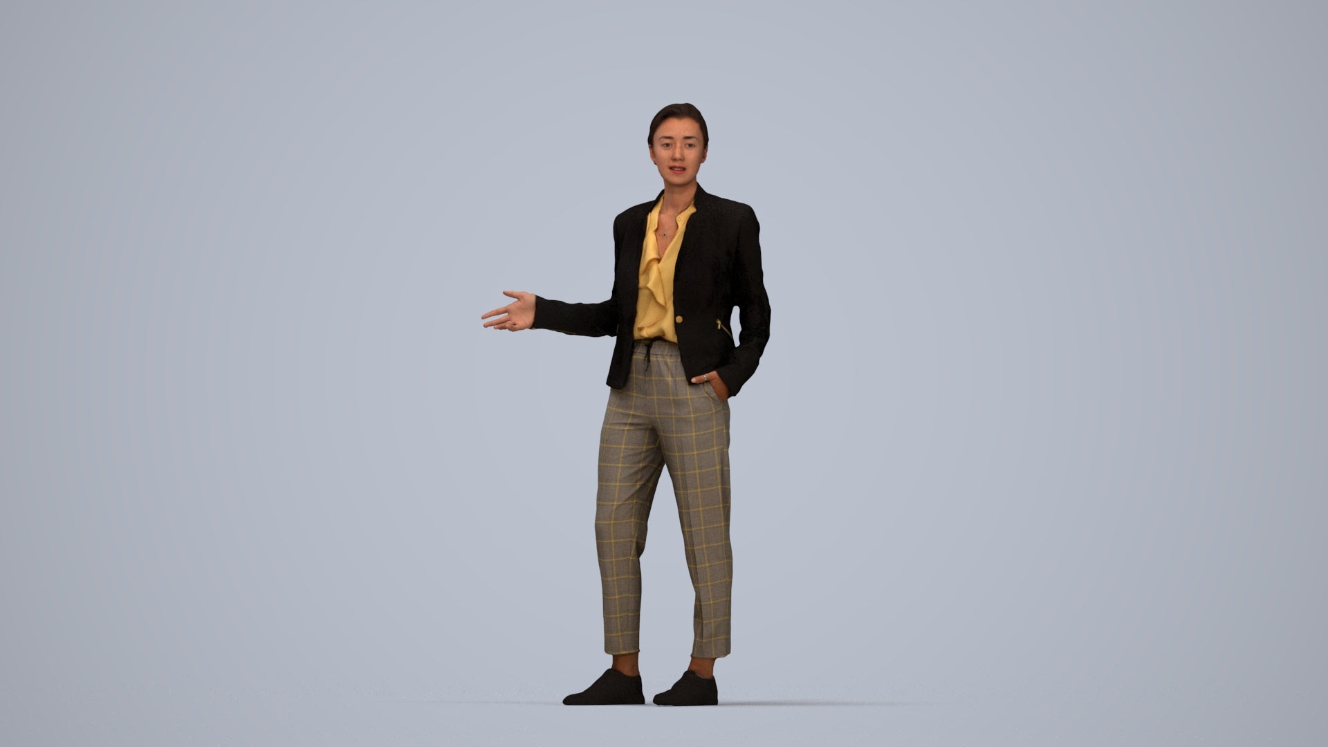 realistic 3D people woman business standing, render-ready for V-Ray and Corona, FBX OBJ, top-down view render