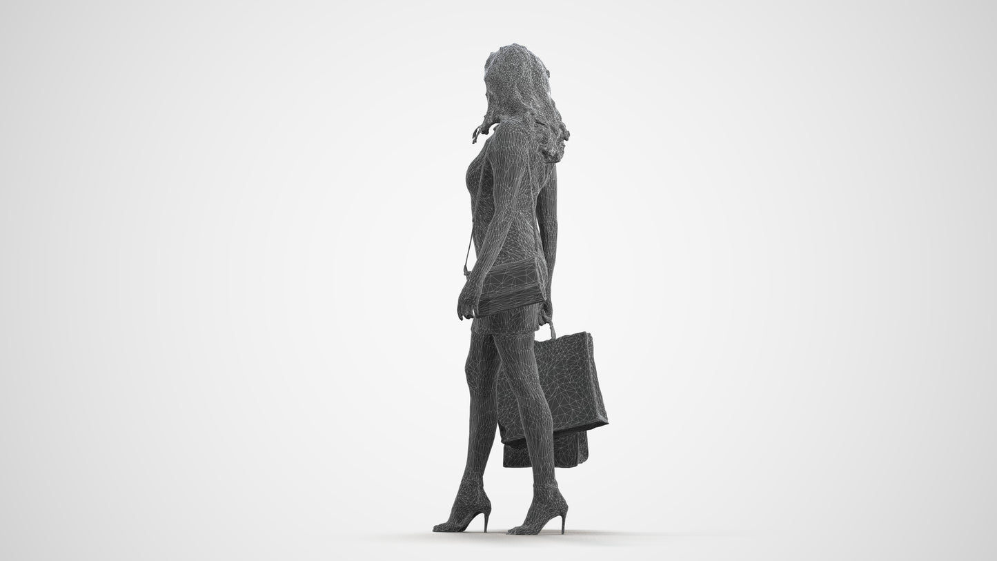 3D people model woman casual shopping, scanned human for 3ds Max rendering, wireframe front view