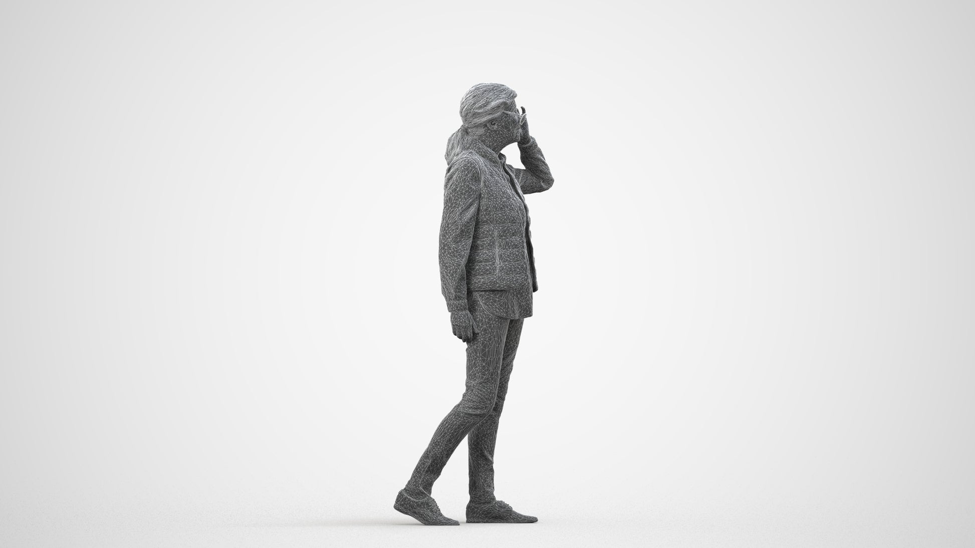 3D human model senior woman casual standing, photogrammetry scanned person for archviz, wireframe side view