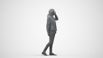3D human model senior woman casual standing, photogrammetry scanned person for archviz, wireframe side view