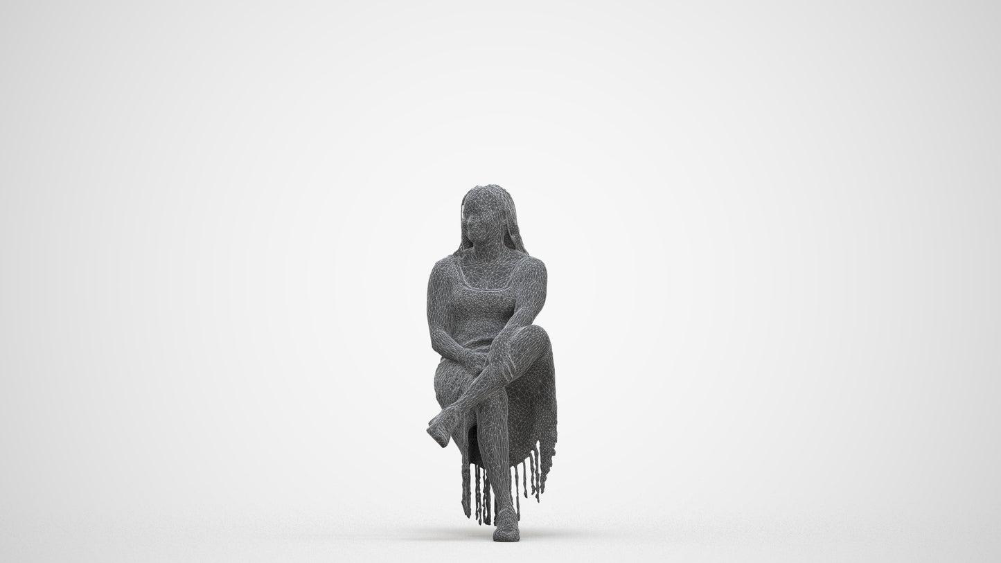 realistic 3D woman casual sitting, scanned archviz people for Blender and 3ds Max, three-quarter front view render