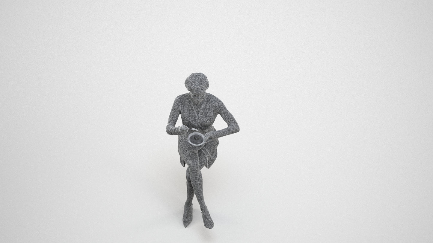 scanned 3D woman casual sitting, photogrammetry people for Enscape and V-Ray, wireframe three-quarter view