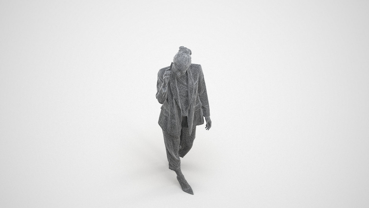3D human model woman business walking, photogrammetry scanned person for archviz, wireframe three-quarter view