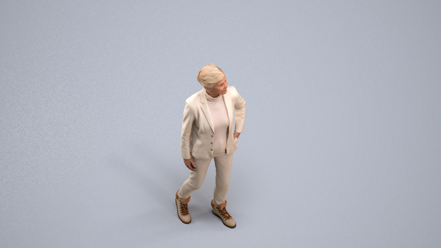 realistic 3D human senior woman business standing, archviz people FBX OBJ for Blender, back view render