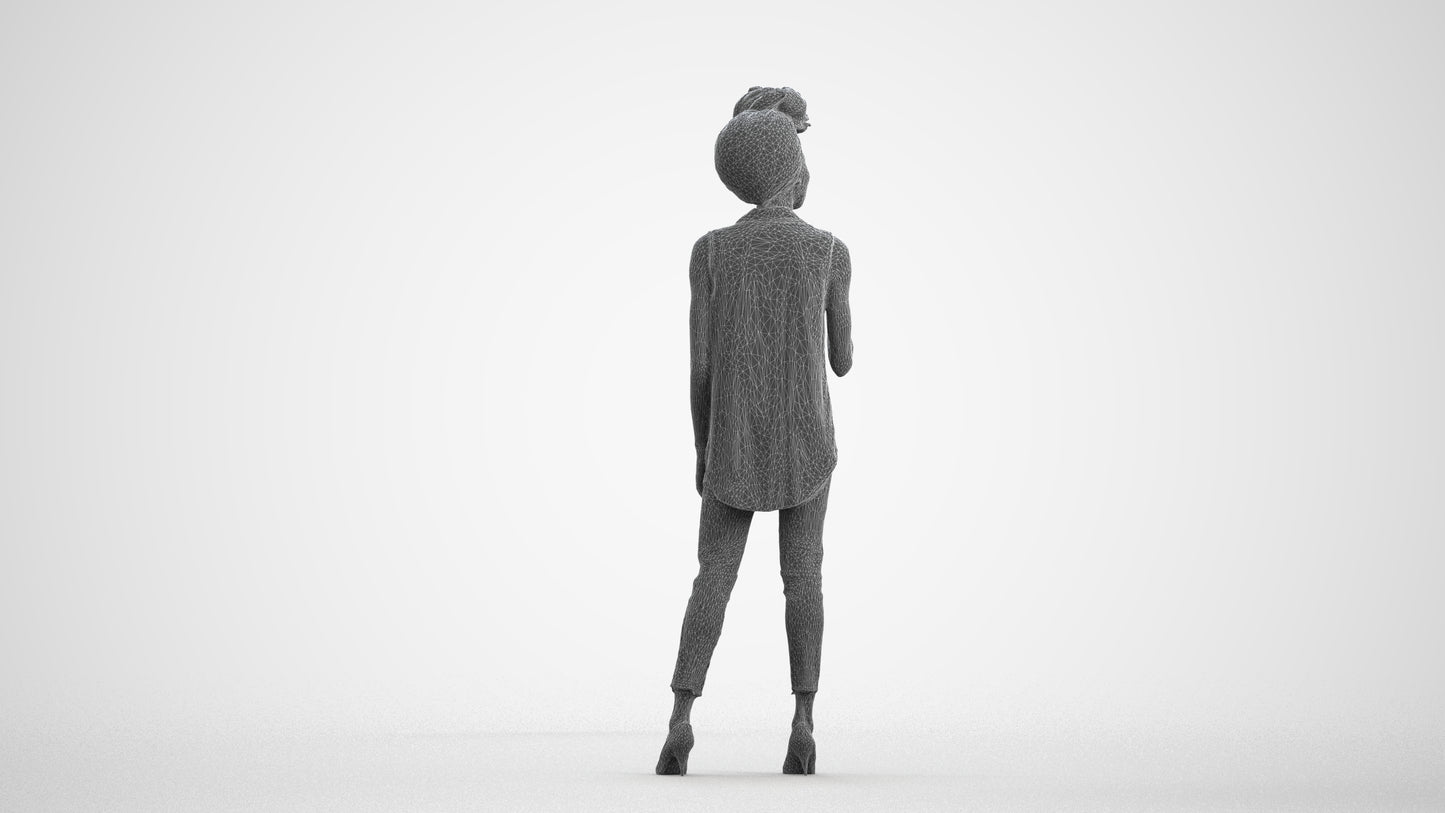 3D scanned woman standing casual, photorealistic archviz people for Enscape and SketchUp, wireframe front view