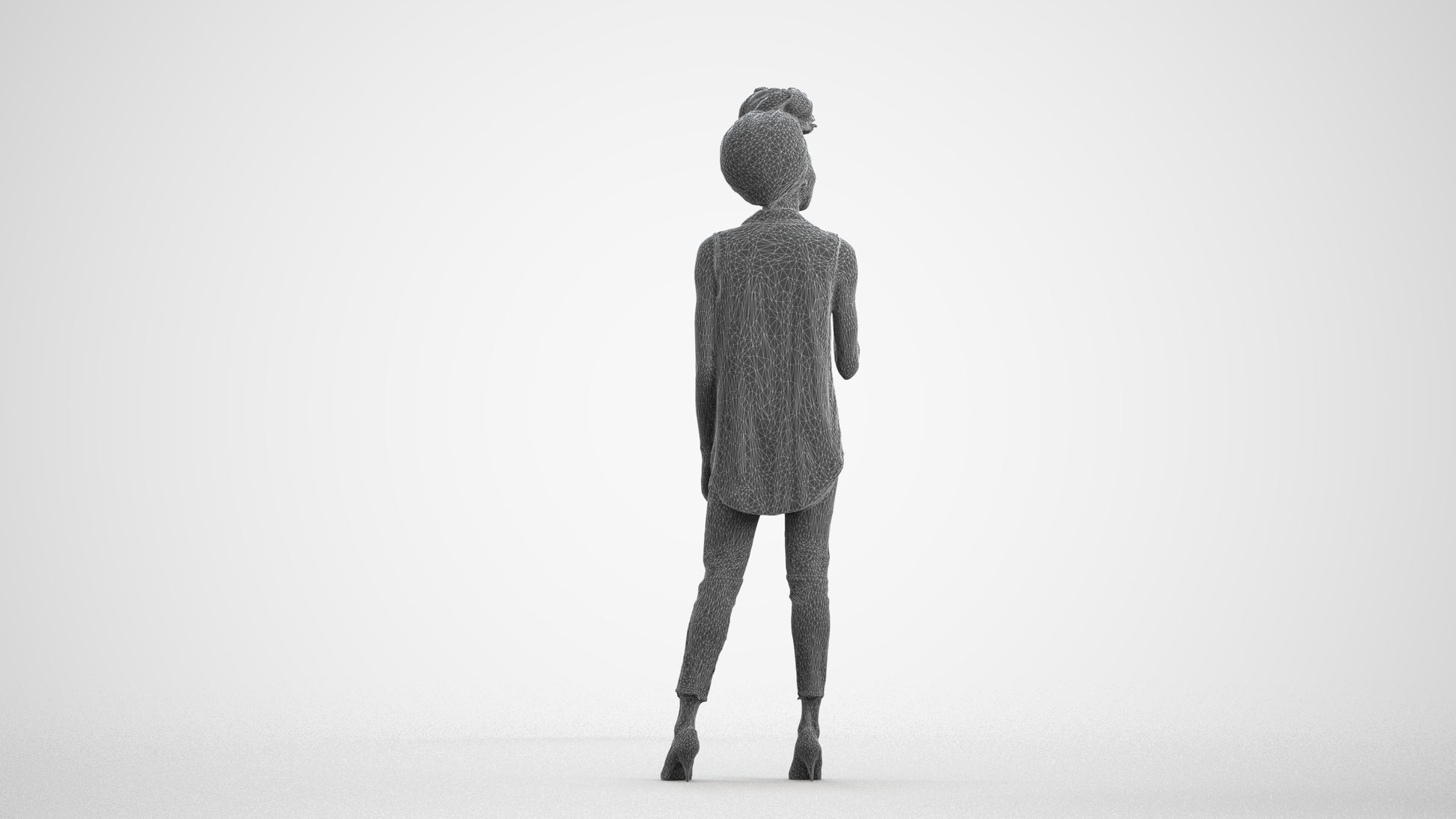 3D scanned woman standing casual, photorealistic archviz people for Enscape and SketchUp, wireframe front view