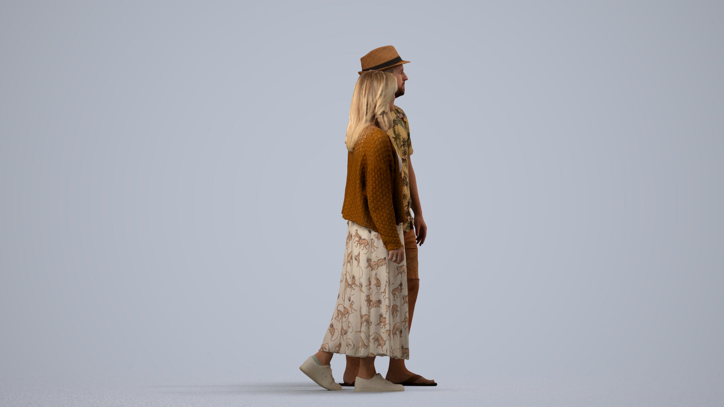 realistic 3D human woman couple, archviz people FBX OBJ for Blender, side view render