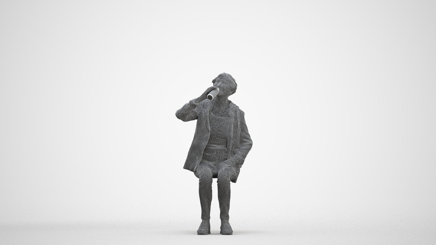 photogrammetry 3D senior girl casual sitting, realistic human model archviz FBX, three-quarter front view render