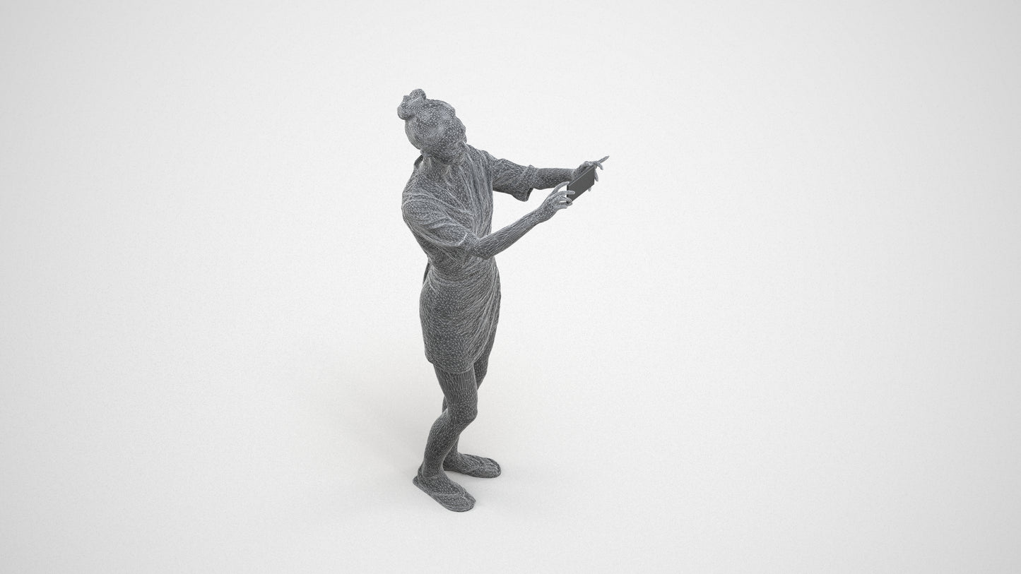 3D human model woman casual standing, photogrammetry scanned person for archviz, wireframe three-quarter view