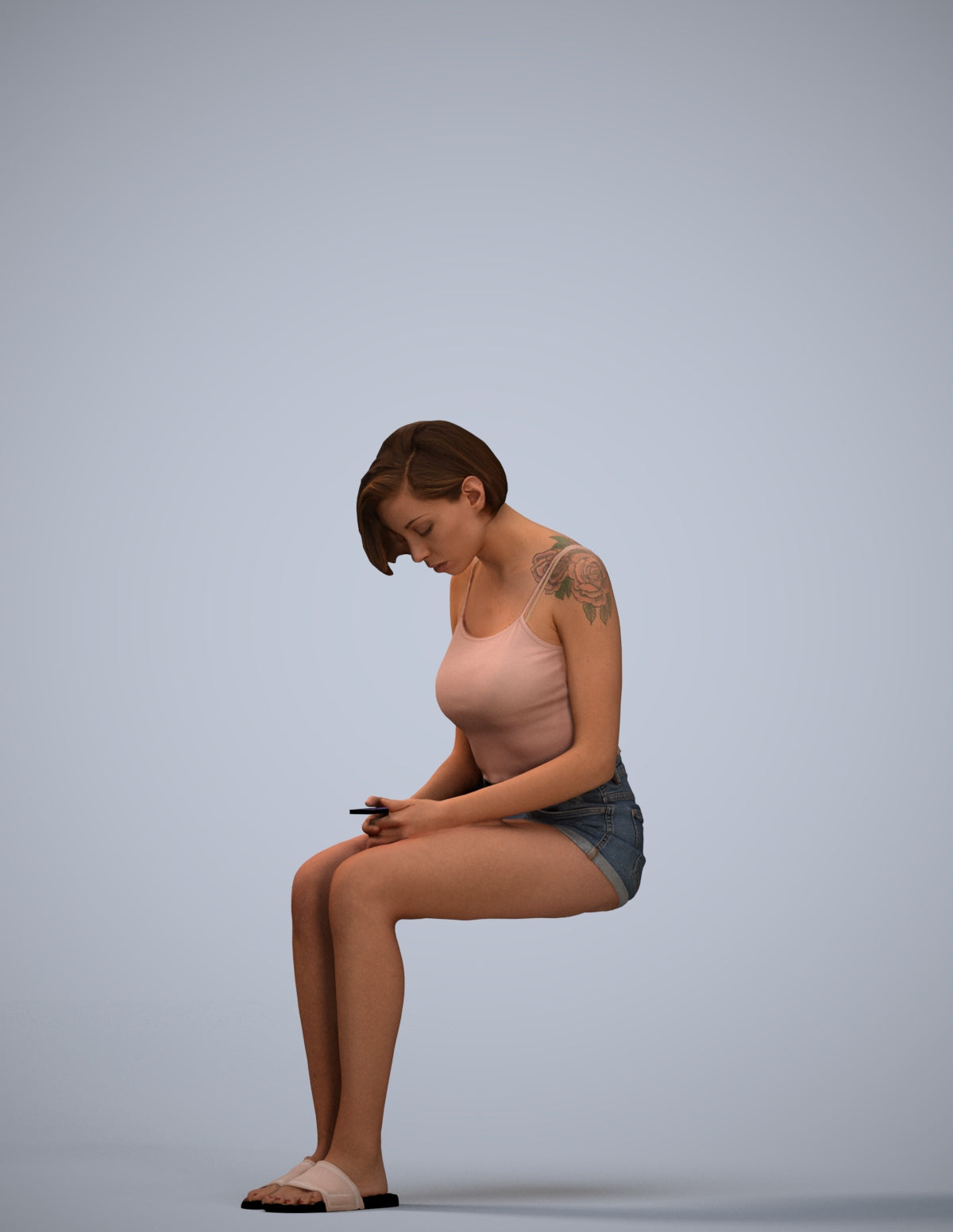 realistic 3D woman casual sitting, scanned archviz people for Blender and 3ds Max