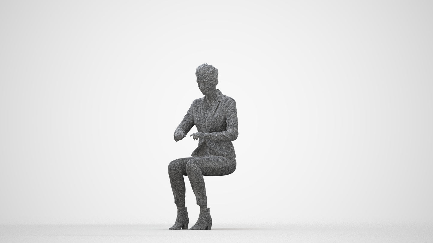 3D human model woman business, photogrammetry scanned person for archviz, wireframe back view