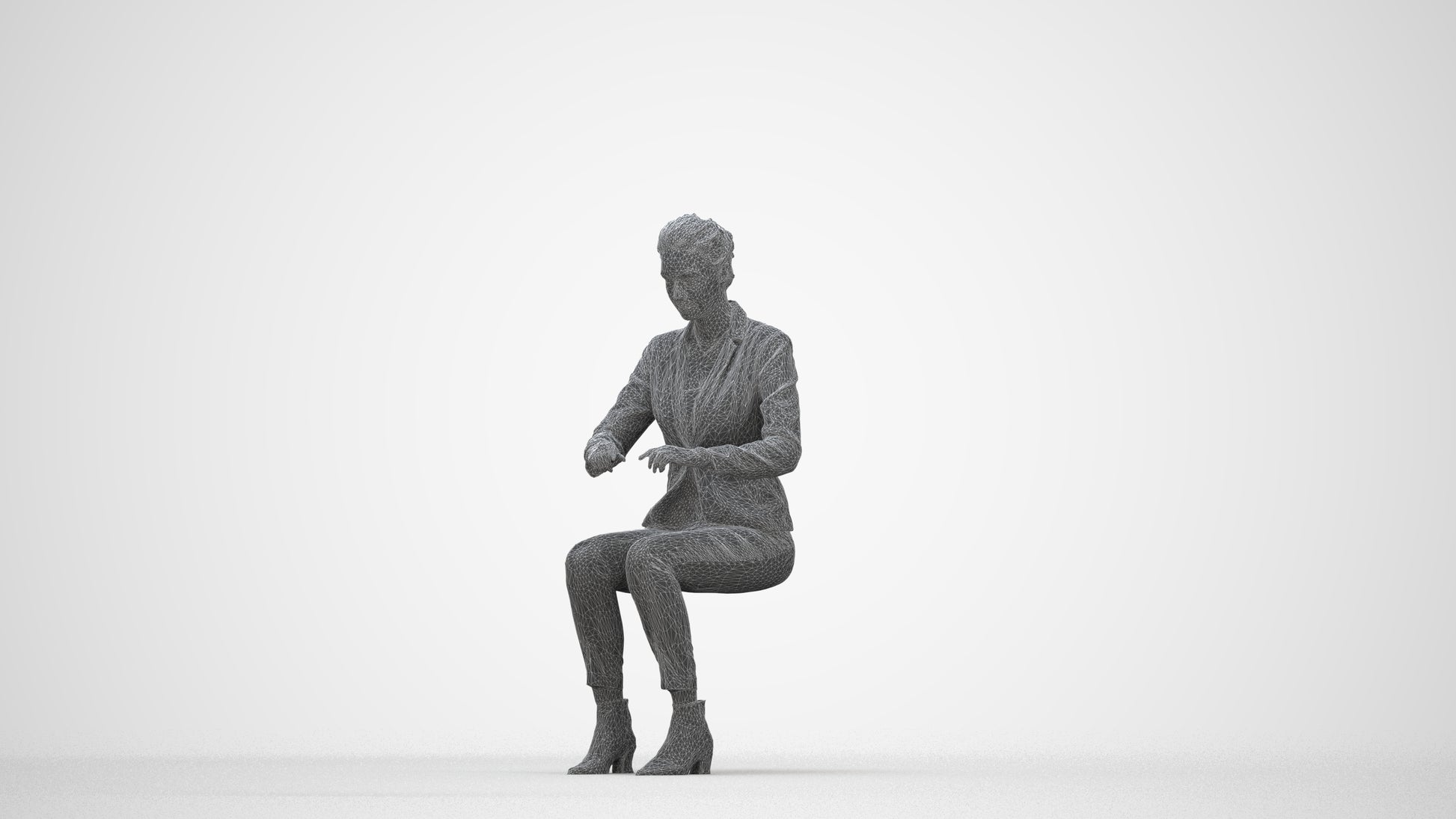 3D human model woman business, photogrammetry scanned person for archviz, wireframe back view