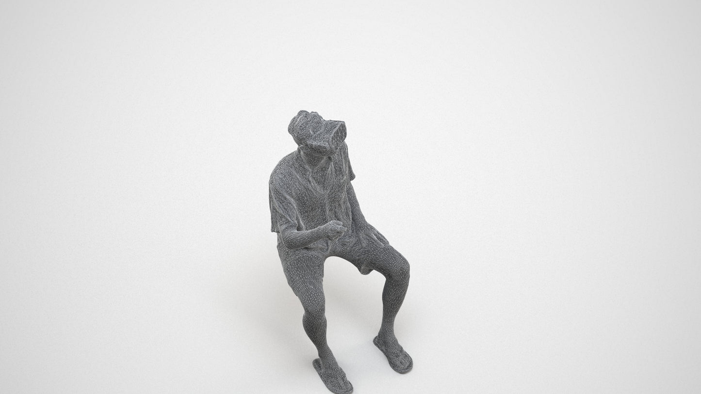 3D human model man casual sitting, photogrammetry scanned person for archviz, wireframe three-quarter view