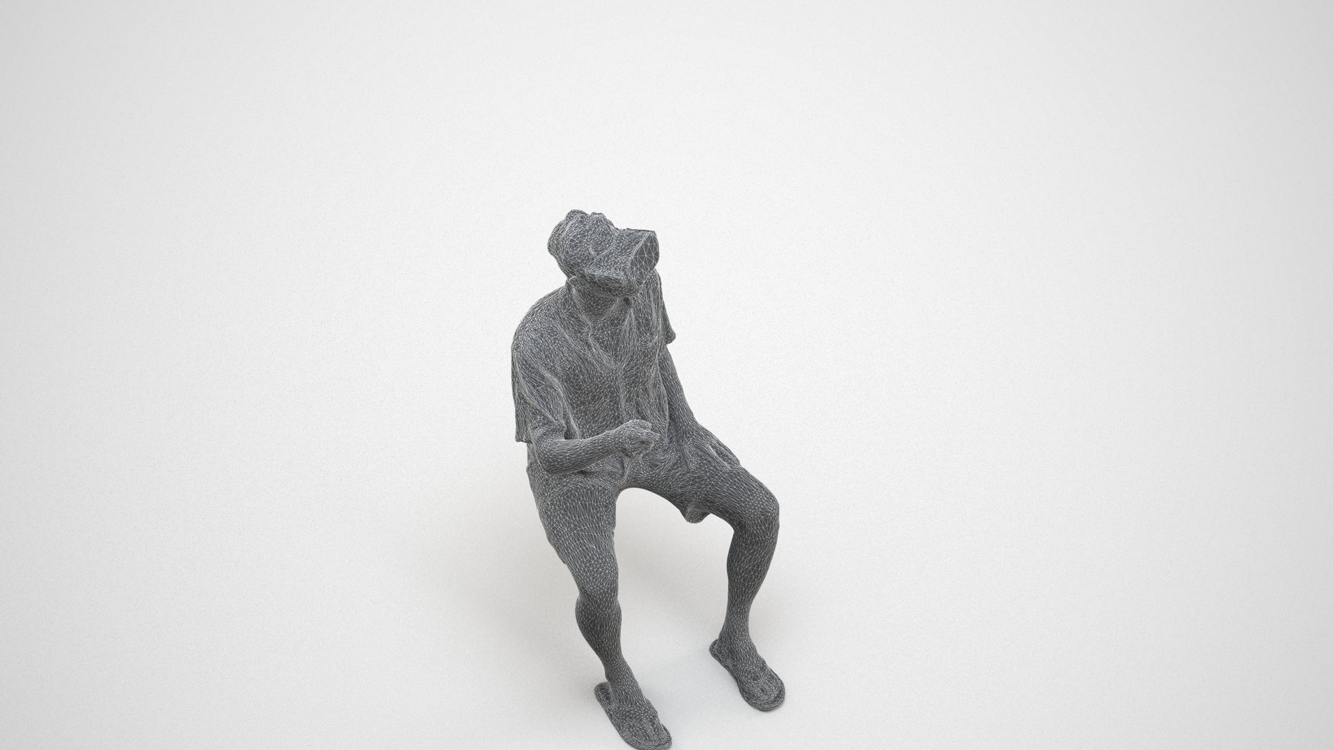 3D human model man casual sitting, photogrammetry scanned person for archviz, wireframe three-quarter view