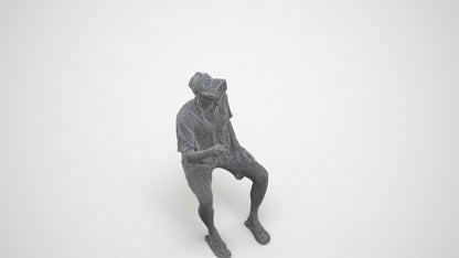 3D human model man casual sitting, photogrammetry scanned person for archviz, wireframe three-quarter view