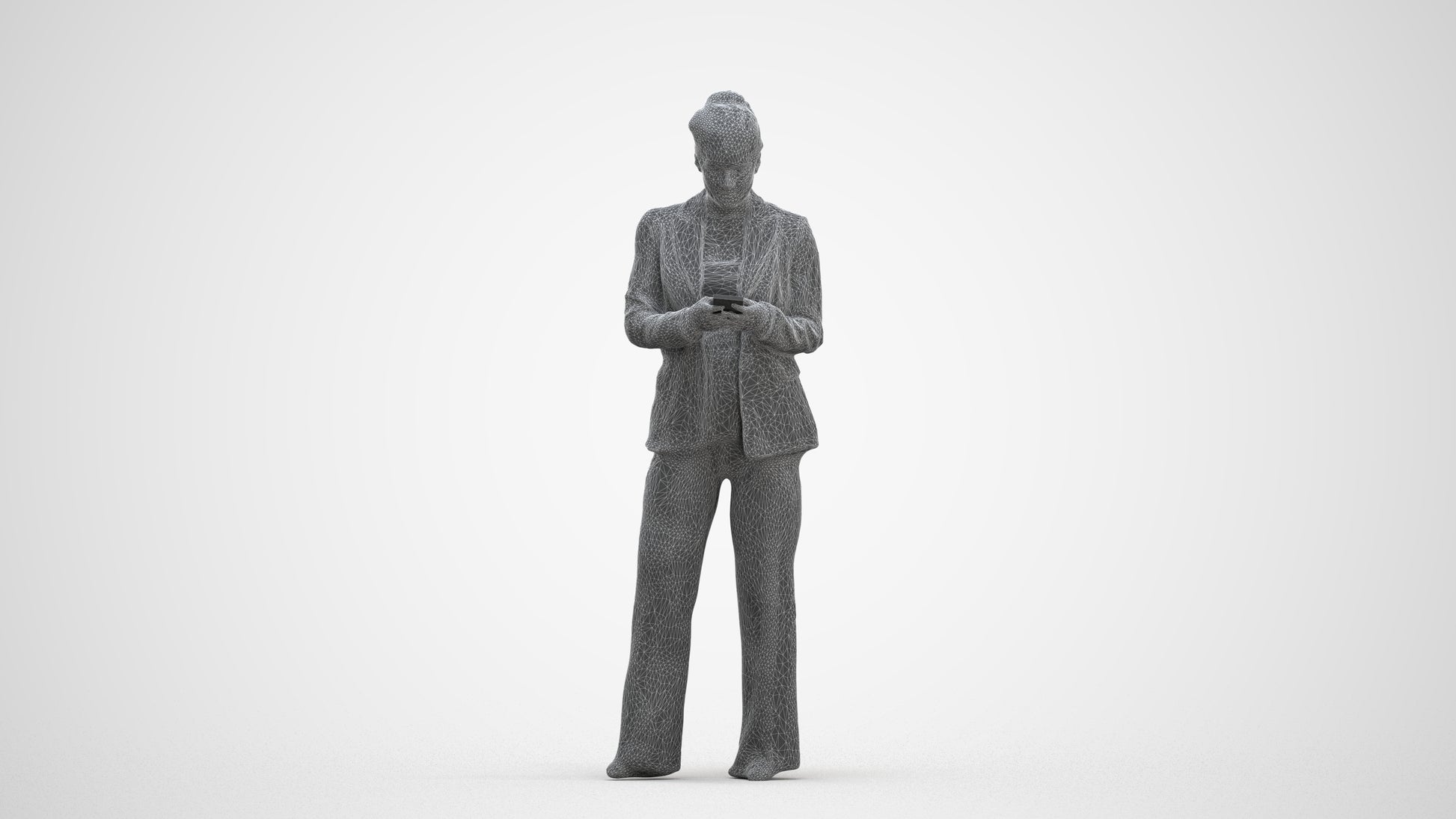 3D human model woman business standing, photogrammetry scanned person for archviz, three-quarter front view render