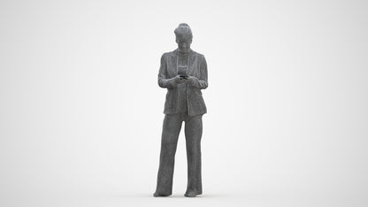 3D human model woman business standing, photogrammetry scanned person for archviz, three-quarter front view render