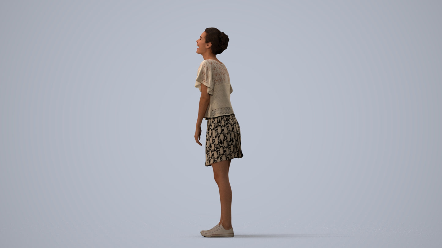 3D scanned woman standing casual, photorealistic archviz people for Enscape and SketchUp, three-quarter view render