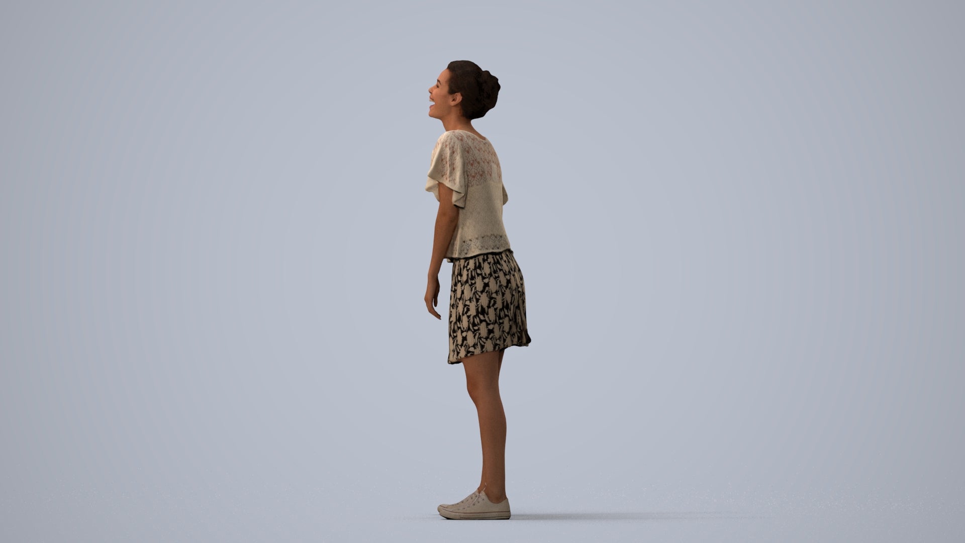 3D scanned woman standing casual, photorealistic archviz people for Enscape and SketchUp, three-quarter view render