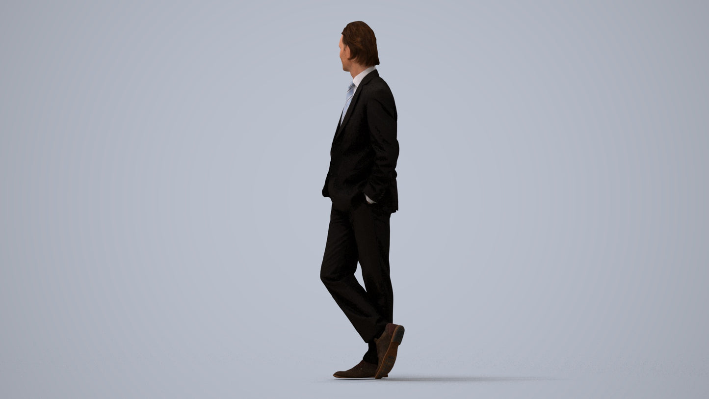 3D human model man business standing, photogrammetry scanned person for archviz, three-quarter view render