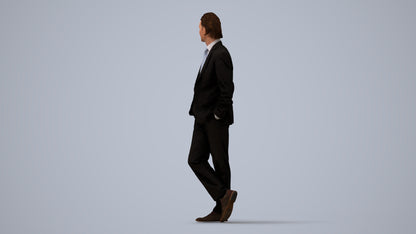 3D human model man business standing, photogrammetry scanned person for archviz, three-quarter view render