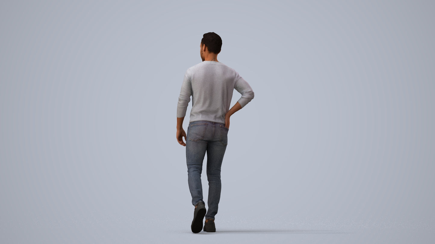3D human model man casual walking, photogrammetry scanned person for archviz, three-quarter view render