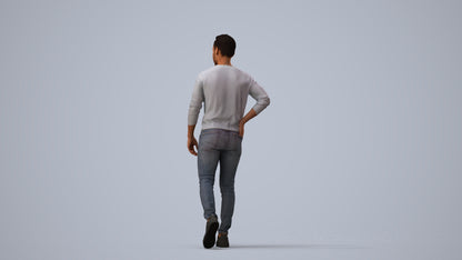 3D human model man casual walking, photogrammetry scanned person for archviz, three-quarter view render