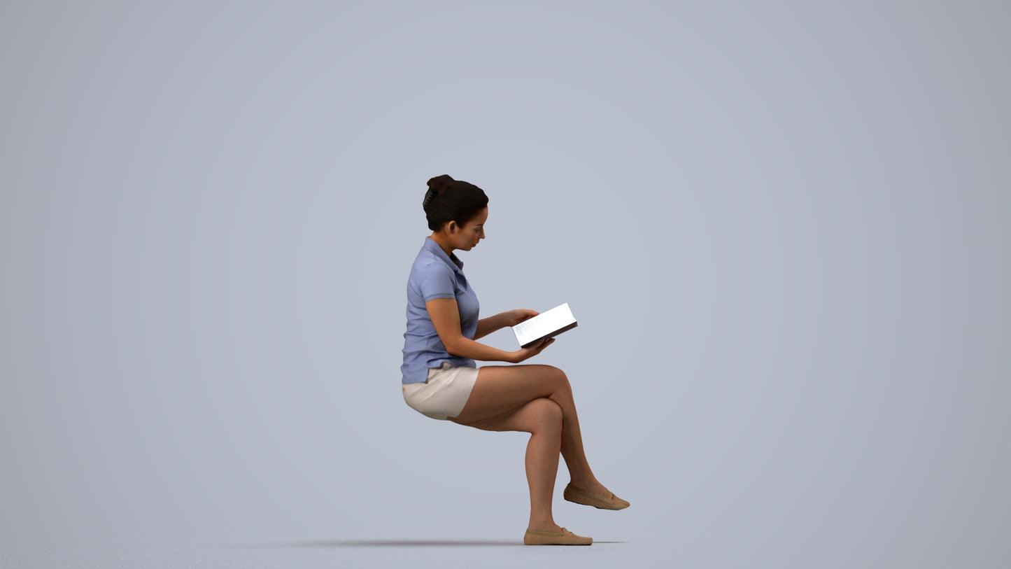 3D people model woman casual sitting, scanned human for 3ds Max rendering, side view render