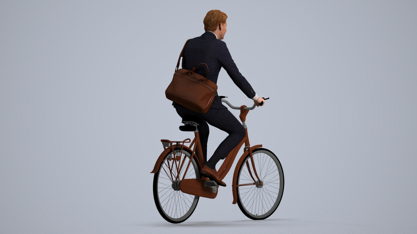 photogrammetry 3D man business cycling, realistic human model archviz FBX, front view render