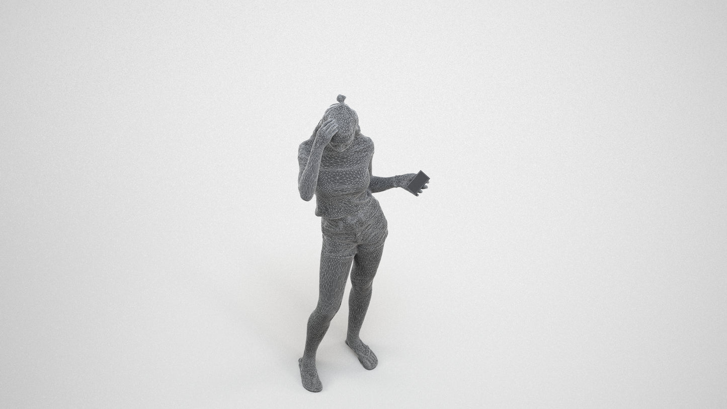 3D people model girl casual standing, scanned human for 3ds Max rendering, wireframe three-quarter view